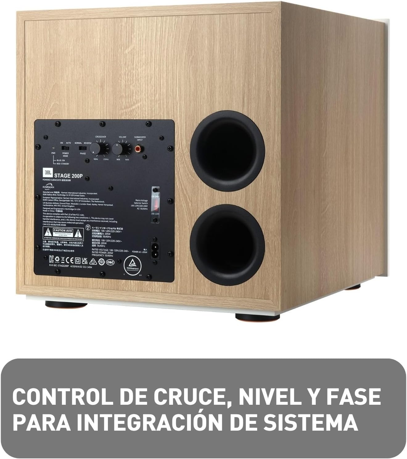 Samping view tina JBL Stage 2 200P Subwoofer with dimensions labeled in centimeters.