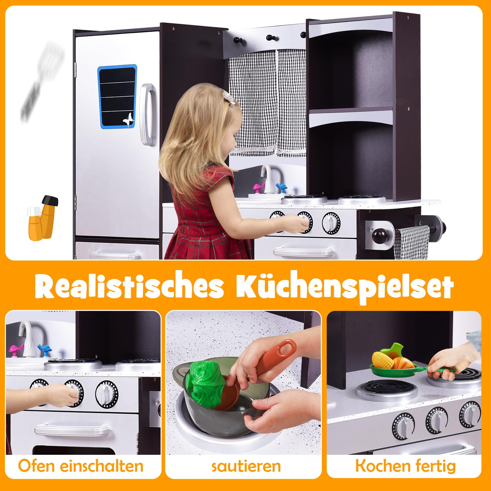 DREAMADE Moderne Kinderküche mit Spüle Herd Backofen Kühlschrank Mikrowelle, Kinderspielküche, Spielküche aus Holz für Kinder ab 3 Jahren kaffeebraun