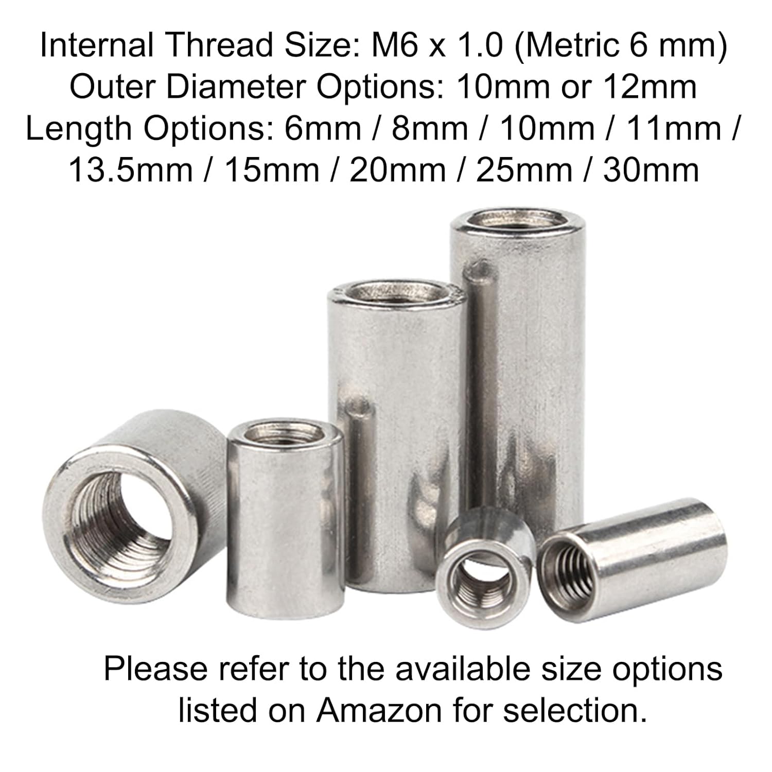 20Pcs M6 Stainless Steel Round Coupling Nuts, 10mm or 12mm Outer Diameter, 6mm to 30mm Length Options, Corrosion Resistant Extension Nuts for Threaded Rod (M6 x 12mm x 20mm)