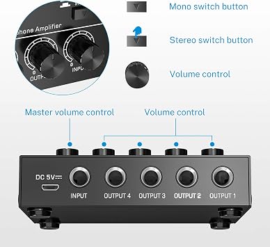 Moukey Headphone Amp Amplifier 4 Channels Metal Stereo Audio Amplifier,Mini Headphone amplifier portable - 4x Quarter Inch Balanced TRS Headphone Output and TRS Audio Input, DC5V Power Supply-MHAMP1