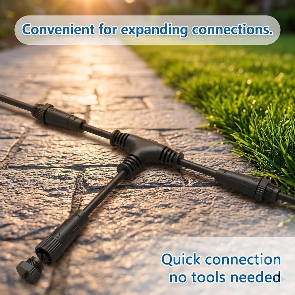 IP67 Waterproof T-Connector for Philips Hue & Low Voltage Lights | Male+female terminals Built-in rubber seal Fits Hue tight normal Durable PVC for gardens patios pathways