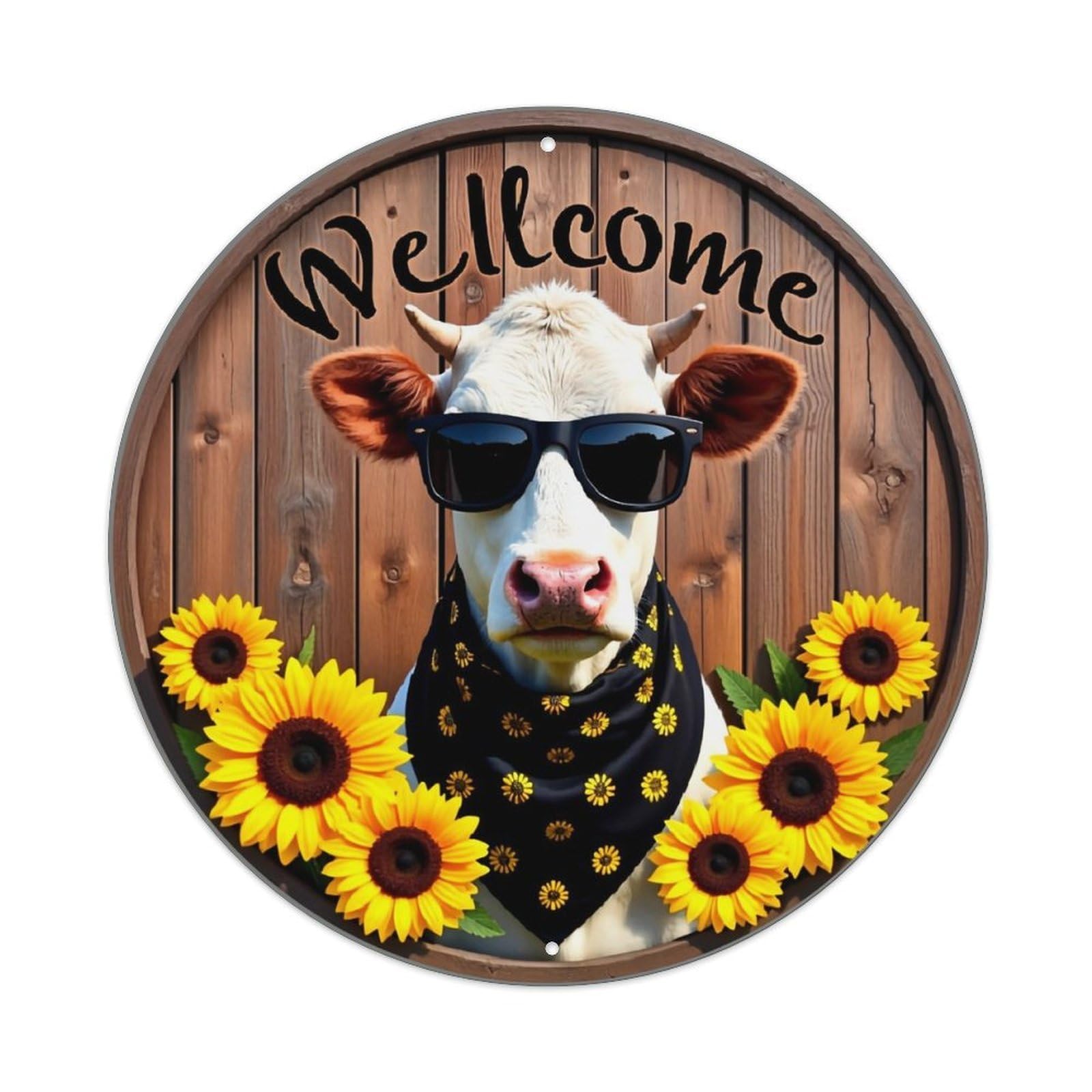 Jdyaojiesheng Vintage Sunflower Cow Bandana Sunglasses Welcome Round Tin Sign Retro Metal Wall Decor Metal Poster, Home Bar Garage Farmhouse Cafe Wall Art Decoration 8X8inch