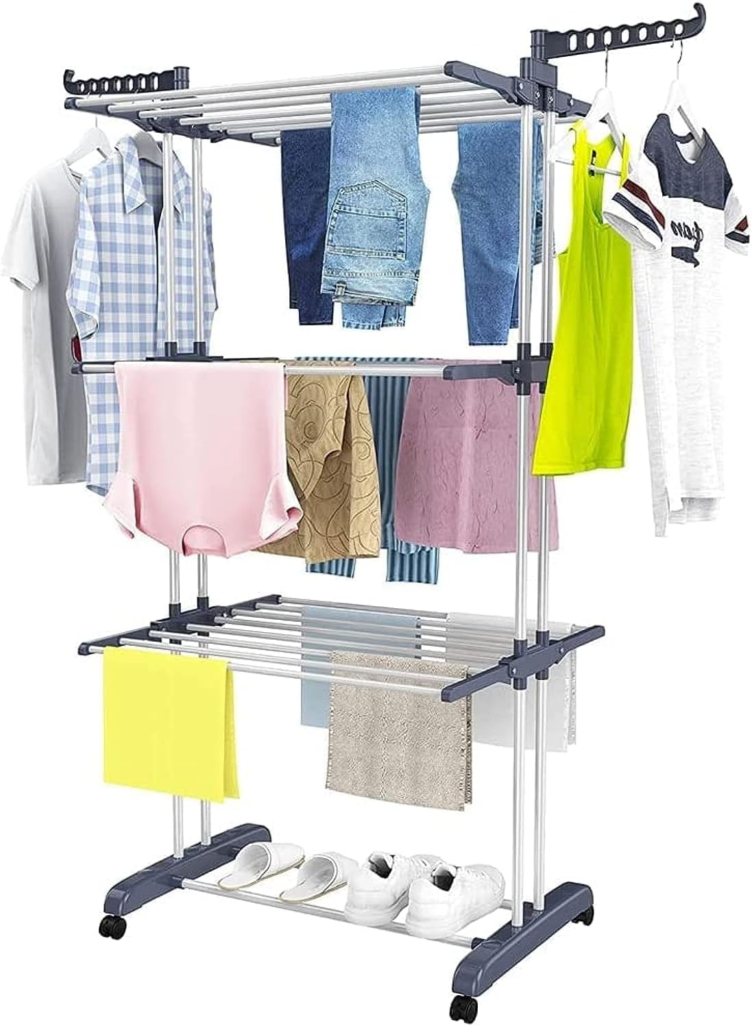 Coclux Airfoil Foldable Floor Type Clothes Hanger, Three-layer Clothes Drying Support, Stainless Steel Clothes Dryer Support,With Two Side Wings (gray)