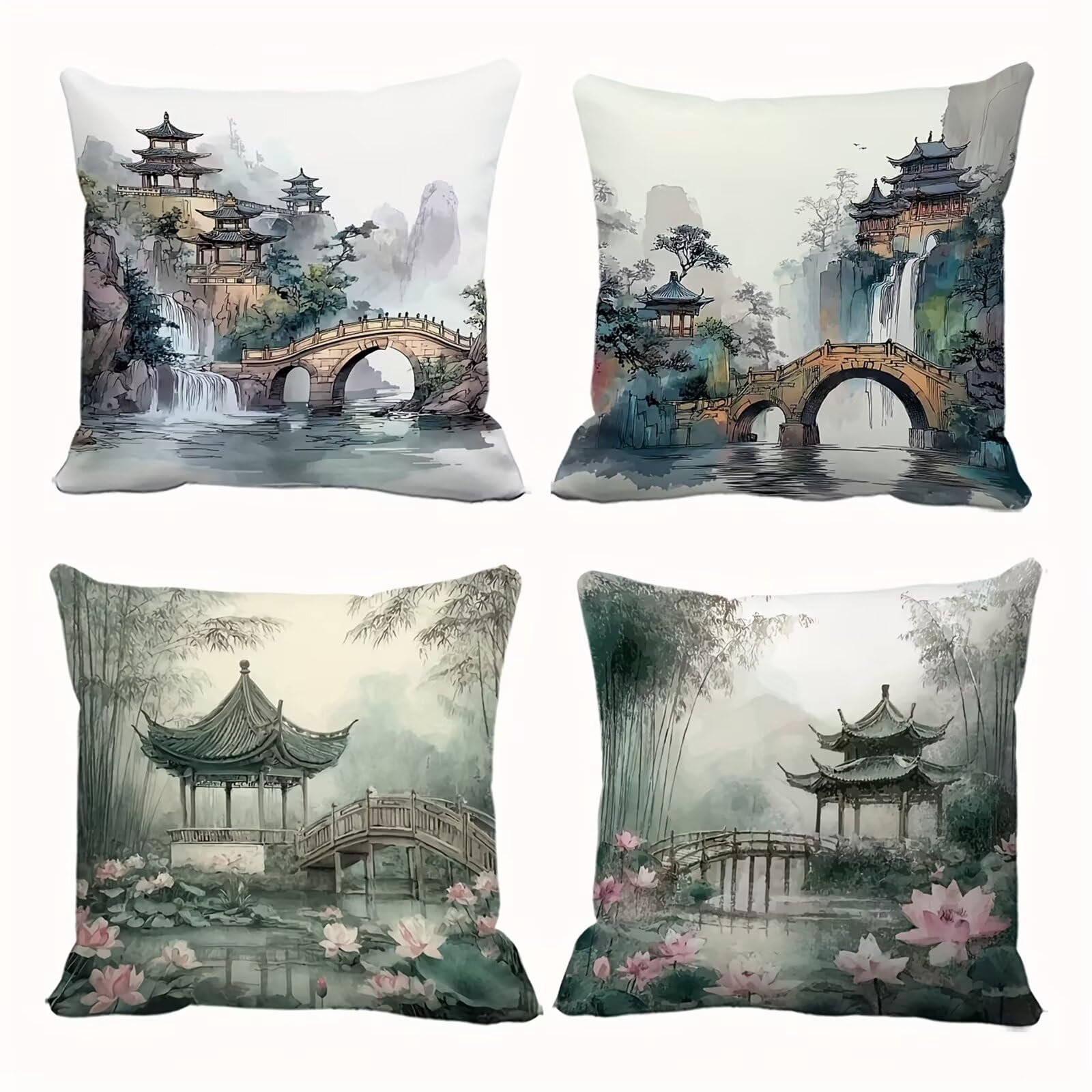 QiHon Ink Painting Cushion Covers 60x60 cm Set of 4, Decorative Throw Pillow Cases, 24x24 inch Square Linen Pillowcases for Sofa Living Room Bedroo