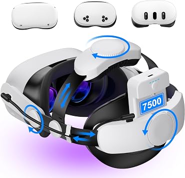 Kawaye for Meta Quest 3S/Quest 2/Quest 3 Head Strap with 7500mAh Hot-Swap Battery Pack, Double Knobs Adjustable VR Headset Strap with Two Large Support Pad Enhanced Support, Reduce Pressure