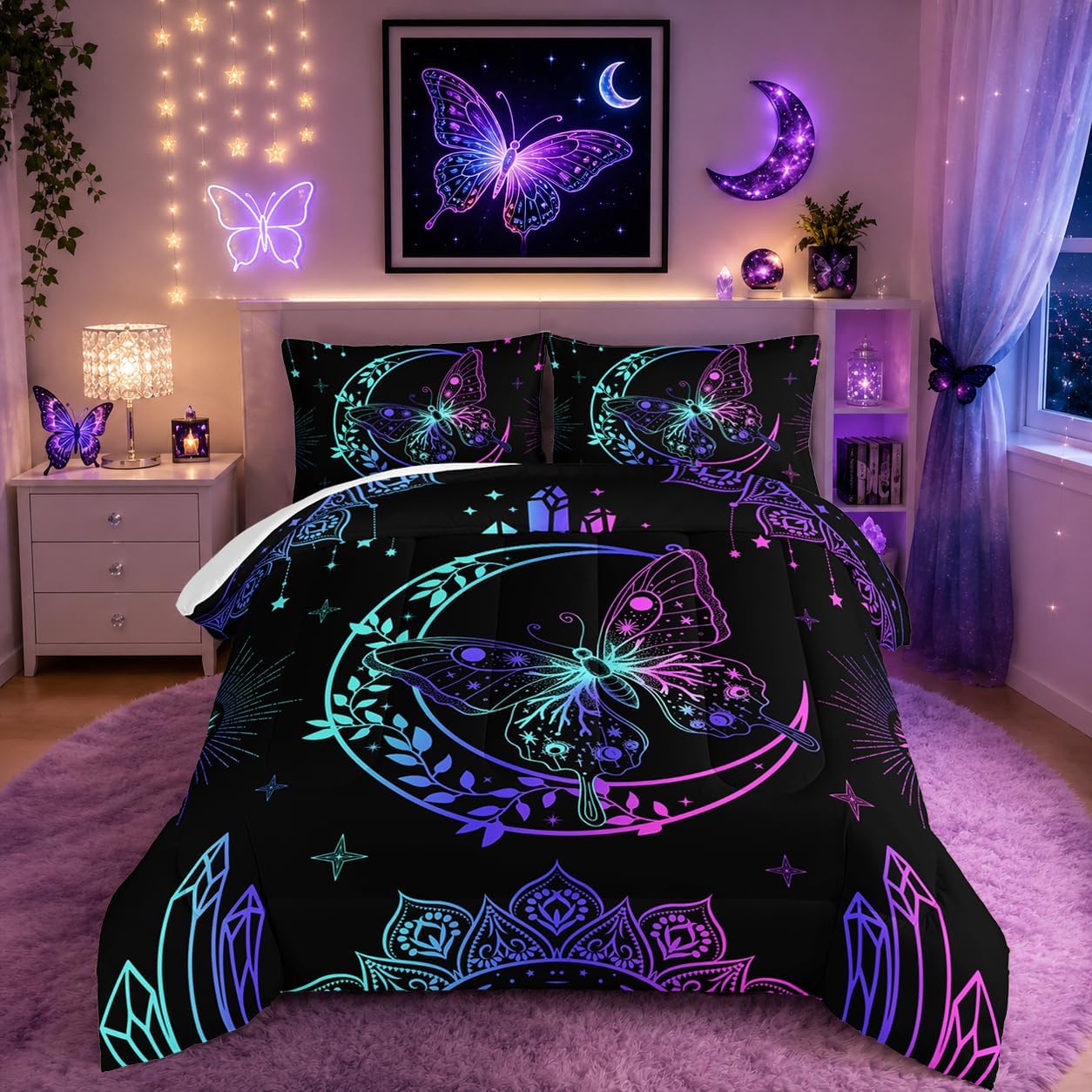HOSIMA Boho Mandala Butterfly Comforter Set Full Size with 2 Pillowcases. | Butterfly Aesthetics Room Decor,Black Boho Mandala Comforter Butterfly Bedding Set for Girls,Bohemian Bed in a Bag Set.