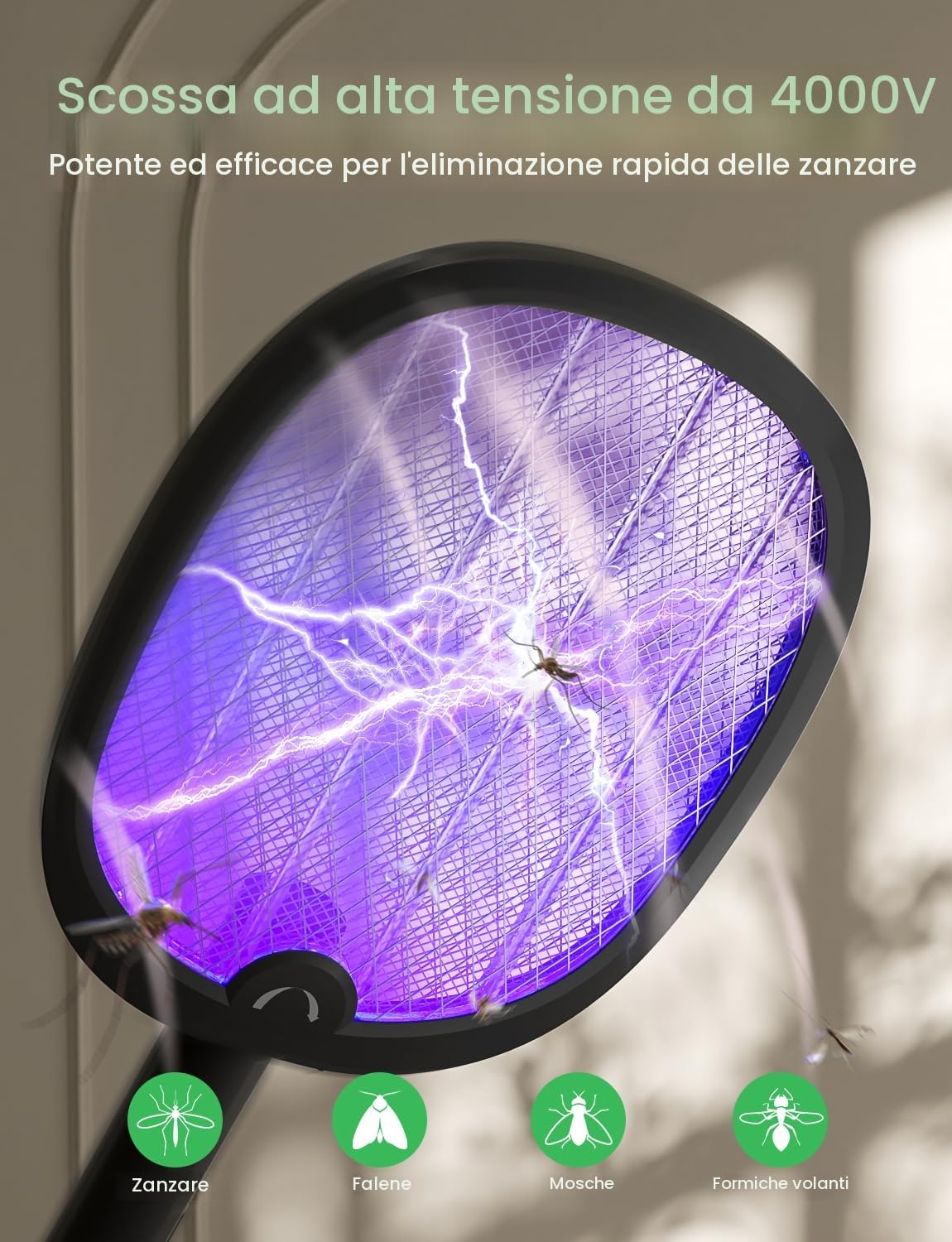 YISSVIC Racchetta Zanzare Elettrica 3 in 1 Pieghevole 4000V con USB Ricaricabile 1800mAh e LED Trappola per Zanzare Adatto per Interni ed Esterni Nero