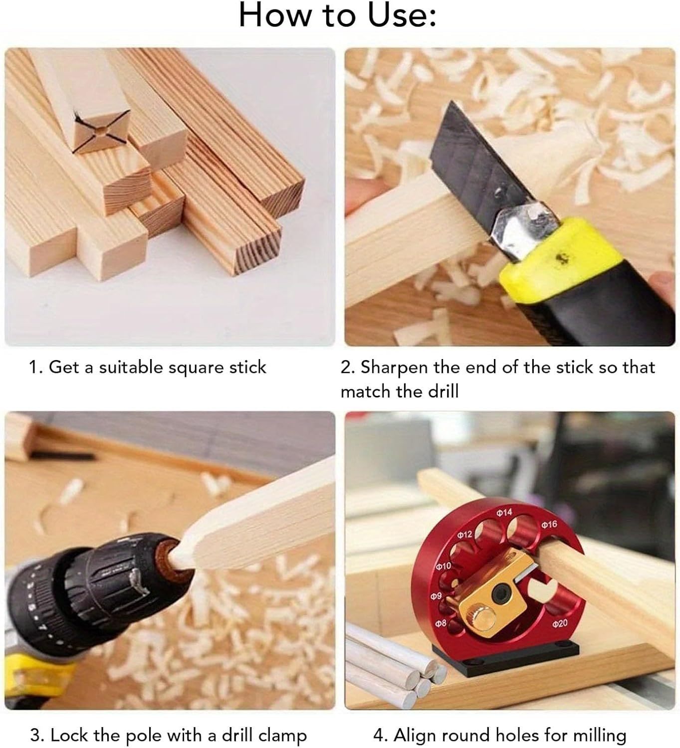 Carpenter Dowel Maker, Electric Drill Milling Dowel with Adjustable 8 Holes Carbide Inserts, Aluminum Alloy Round Rod Auxiliary Tool for Wooden Rods Sticks Woodworking