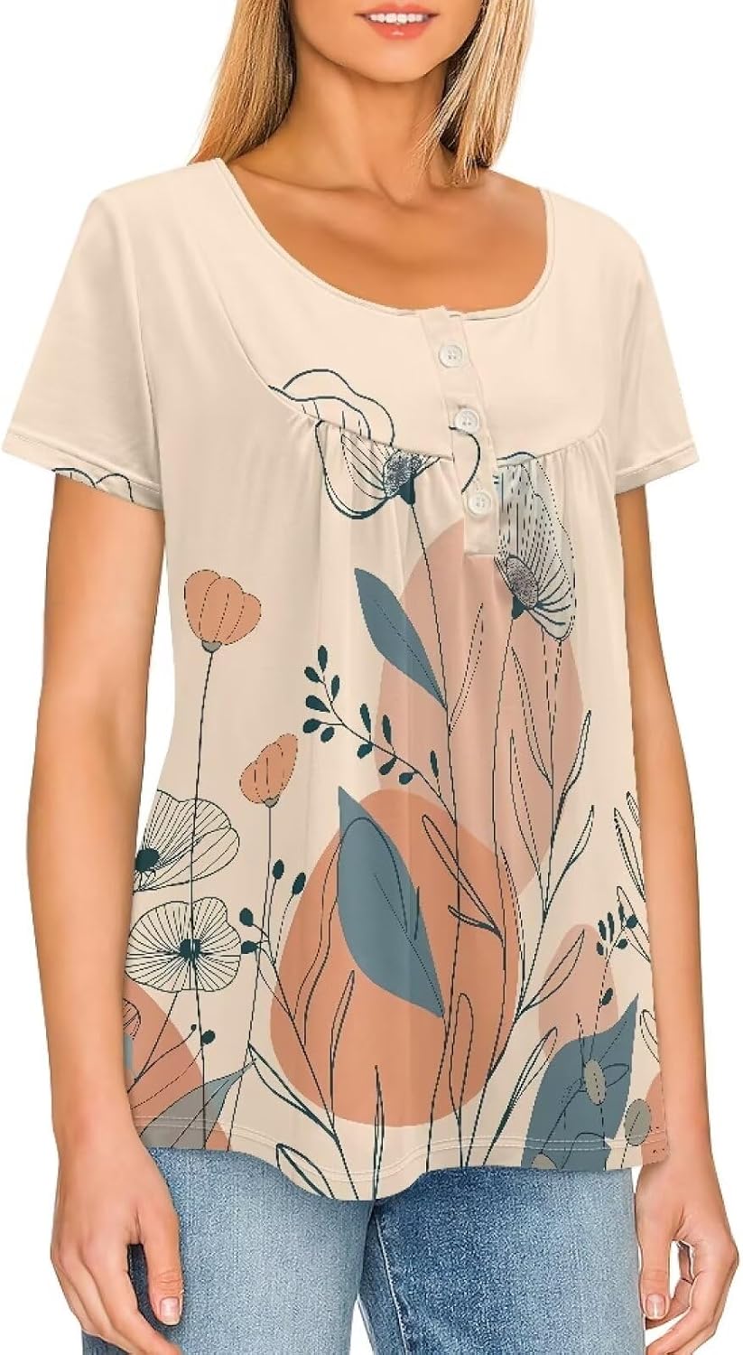 Rose Tunic Tops for Women Blue Rose Short Sleeve Flare T-Shirts Rose Flowers V-Neck Button Up Pleated Top