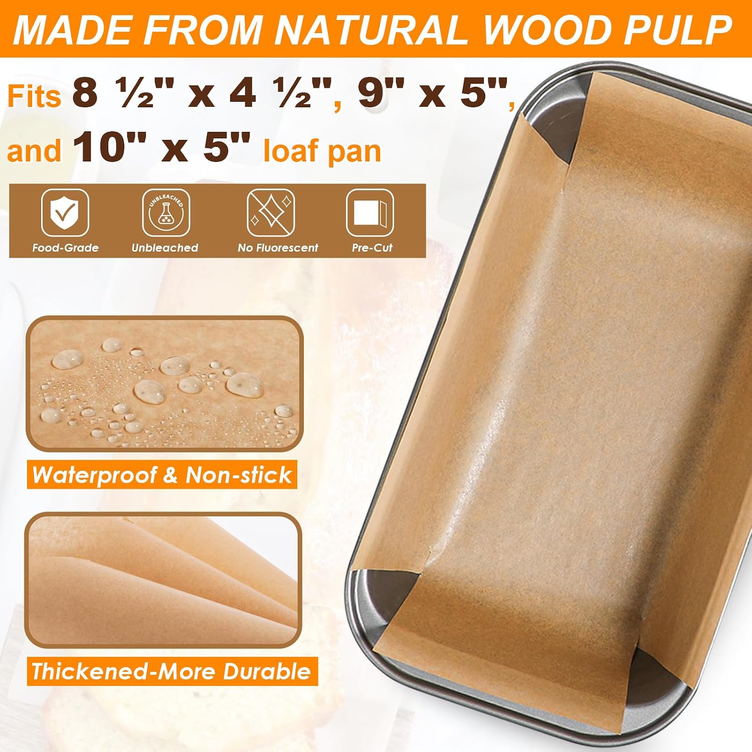 Webake Unbleached Parchment Paper Loaf Pan Liners for Baking Bread 9"x5", 8.5''x4.5''&10''x5'', Original Precut, Non Toxic 100 Pcs Baking Paper