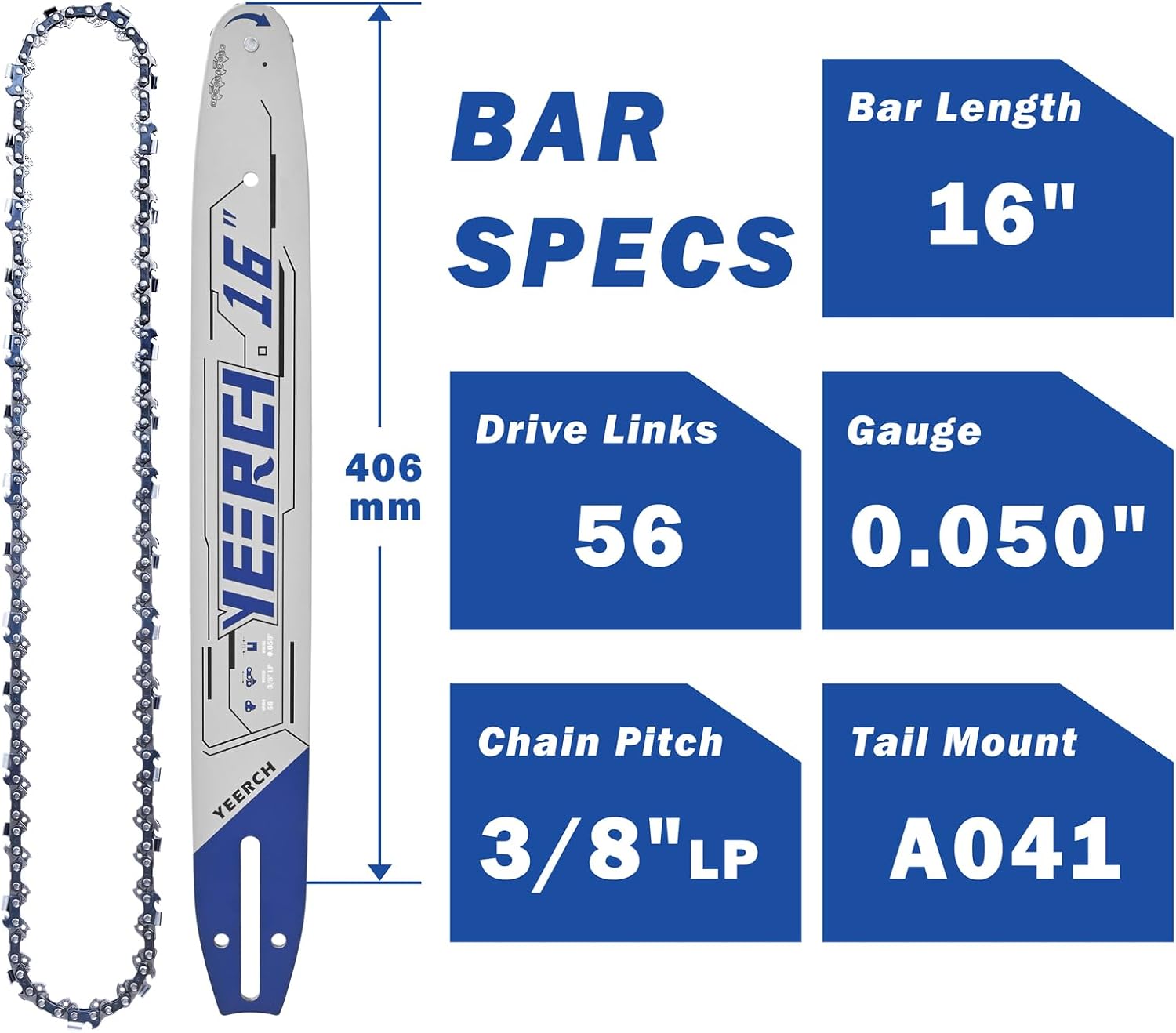 16 Inch Chainsaw Bar and Chain Combo - 56 Drive Links 3/8"LP Pitch .050" Gauge, Fits for Craftsman, Earthwise, Homelite and More