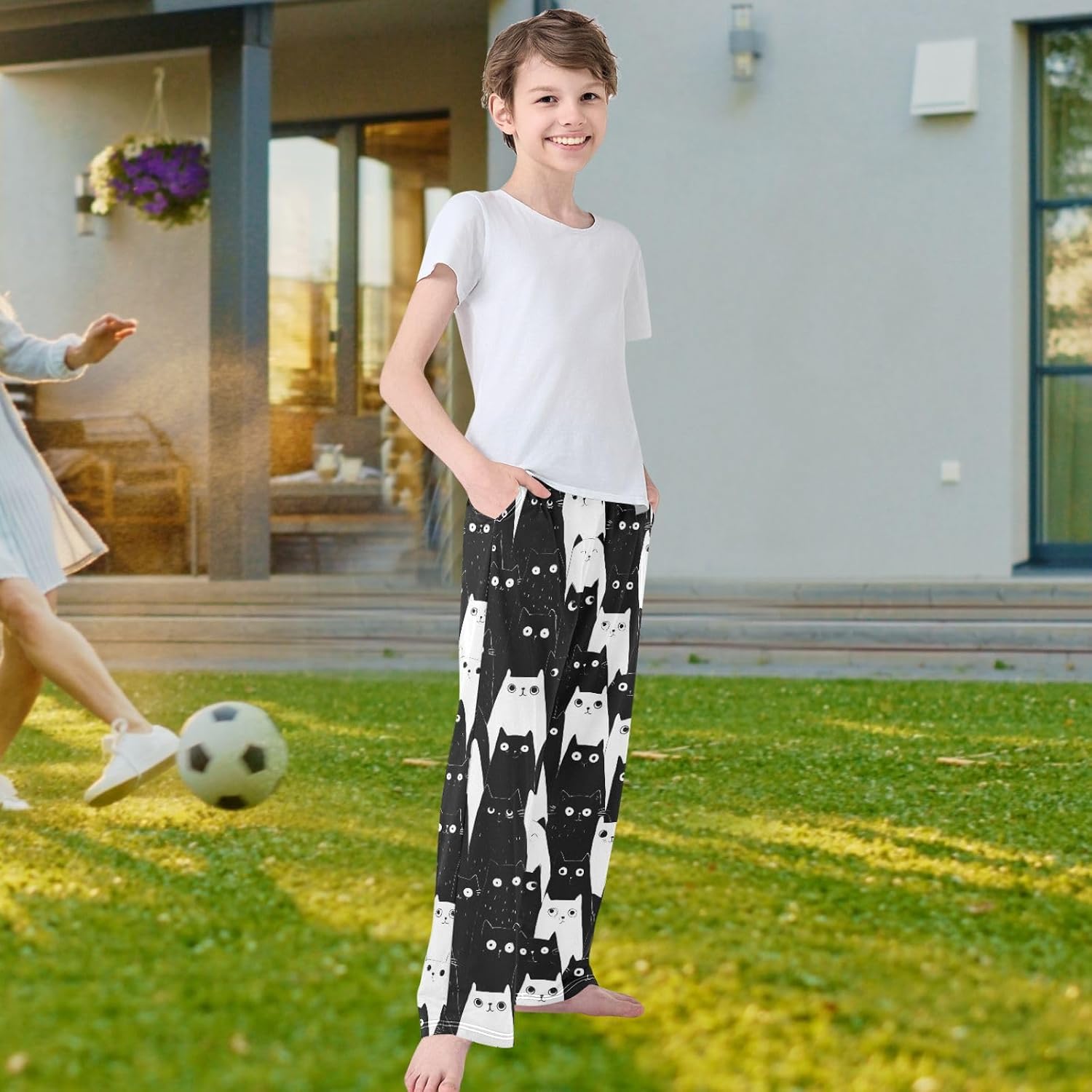 visesunny Boys' Pants Cartoon Black Cats Pattern Jogger Pants Elastic Waist Long Bottoms Trousers with Pockets S-XL