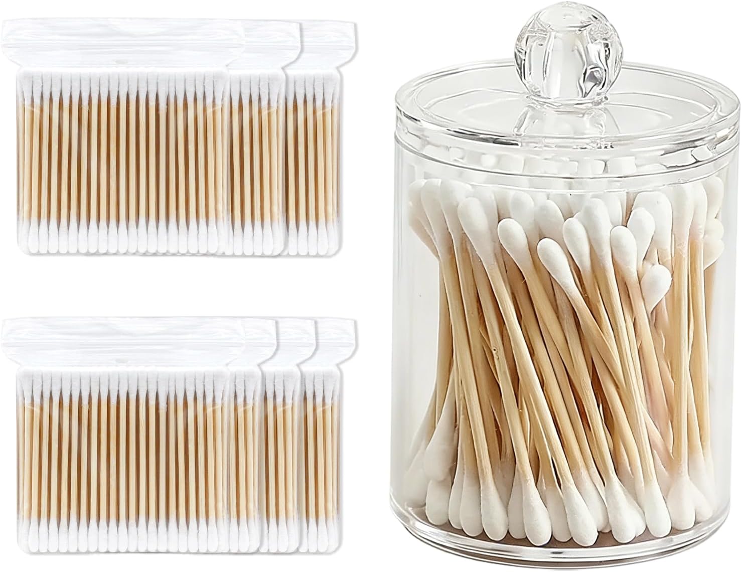 Bamboo Cotton Swab with 1 Transparent Storage Rack, Suitable for Beauty, 700 Natural Thick Cotton Sturdy Bamboo Sticks, Suitable for Storing Transparent Jars on The Dressing Table