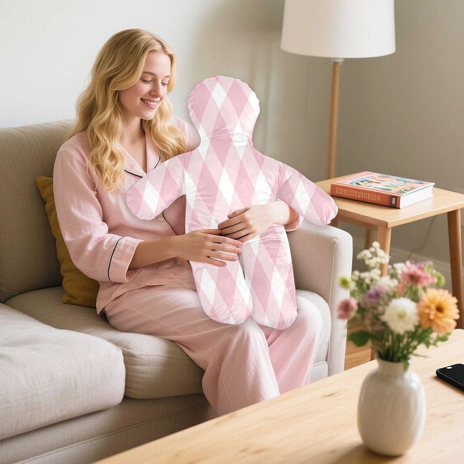 Pink Gingham Human-Shaped Pillow Soft Body Pillows Washable Velvet Pillows for Anxiety Relief Sleeping Cuddling & Support