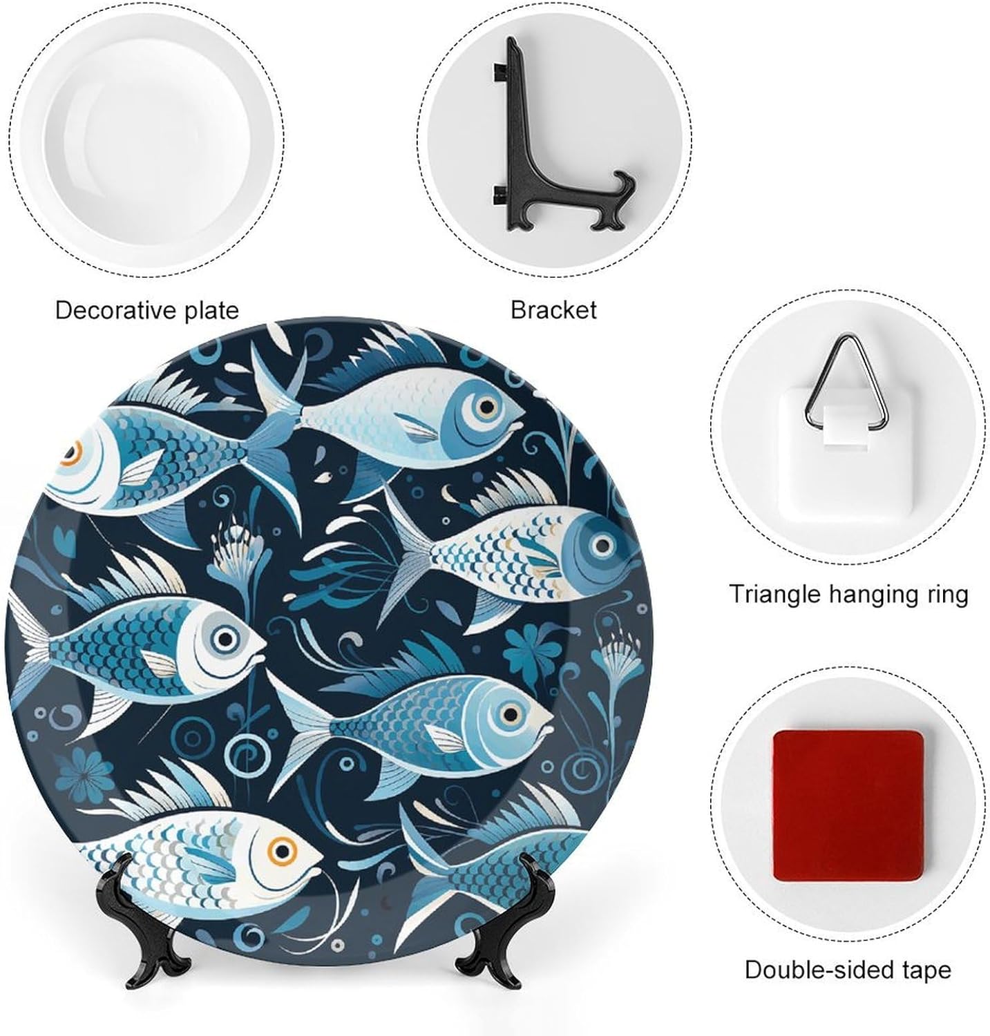 Bone China Decorative Plates Cartoon Fish Print Ceramic Decorative Plate Wall Decor with Display Stand Ceramic Ornaments for Wall Hanging Decoration