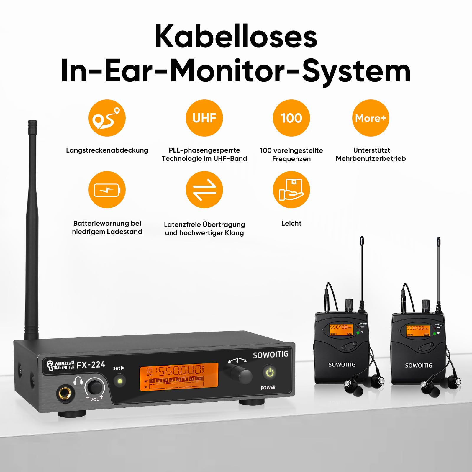 Système de surveillance intra-auriculaire sans fil – Système UHF-IEM professionnel (mono) avec émetteur en métal monté en rack, 2 récepteurs Bodypack avec écouteurs, 100 fréquences, portée de