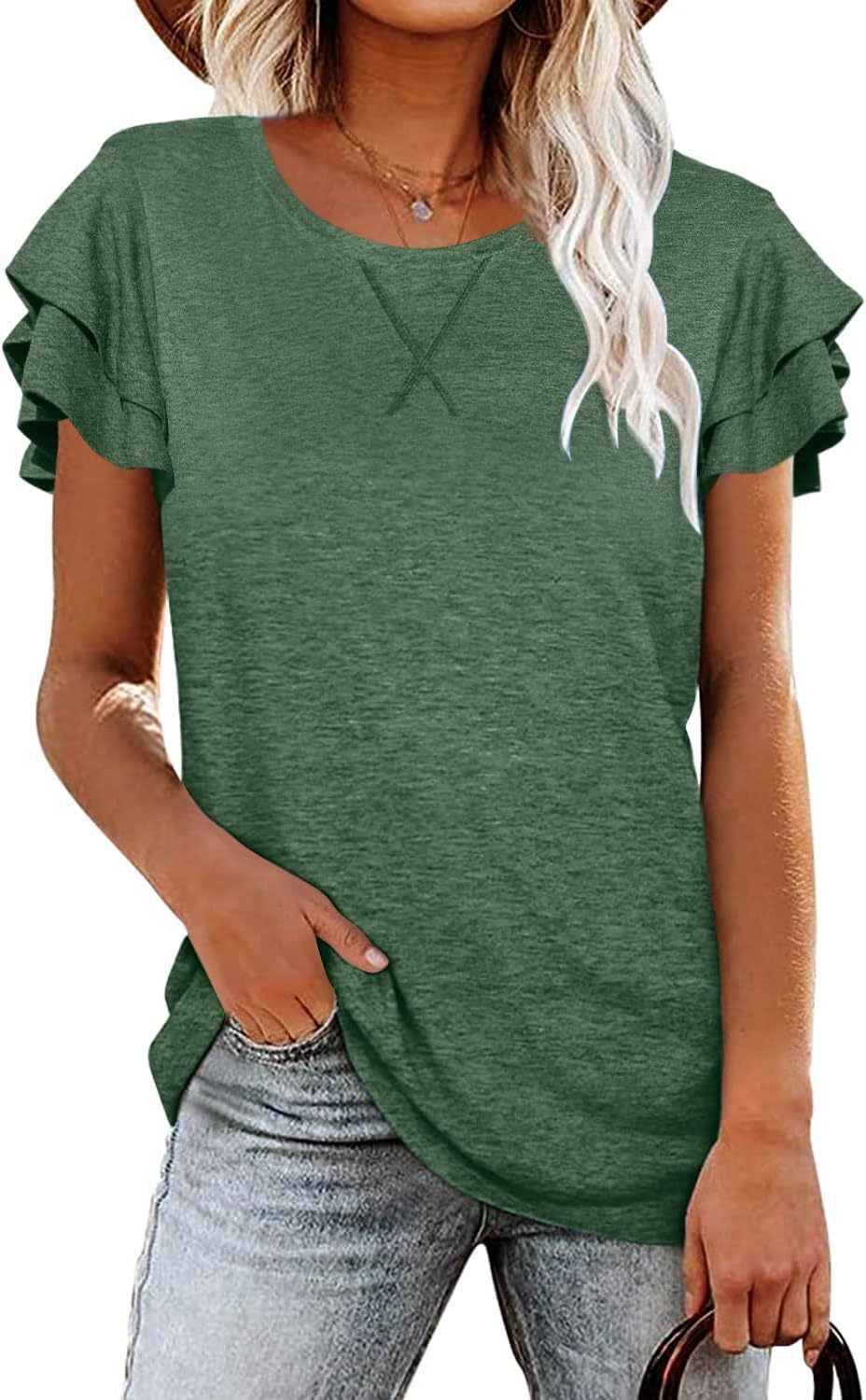 Tee Shirts for Women Shirts Overlap Ruffle Short Sleeve Tees Casual Summer Tops Blouses