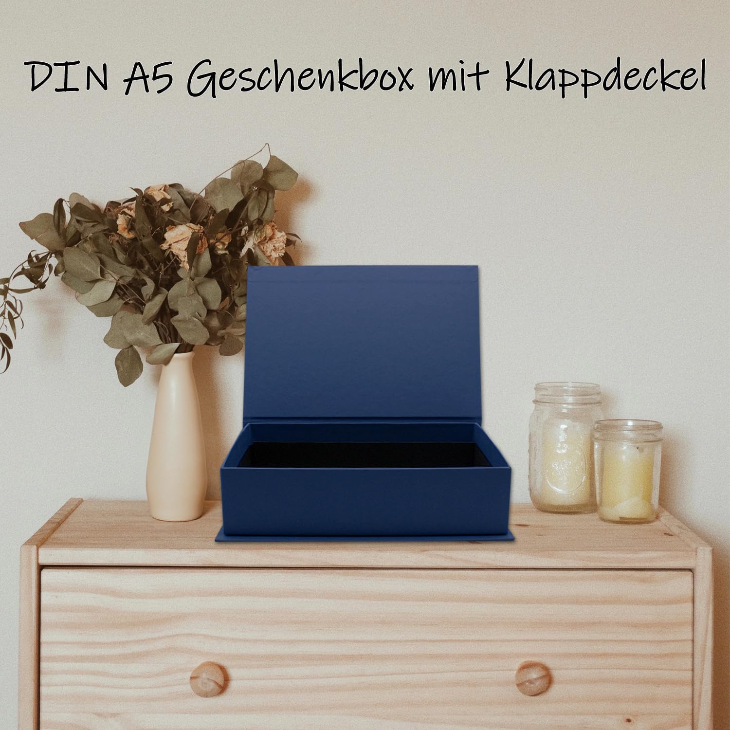 NEUSER PAPIER Pudełko na prezent z pokrywką na zawiasach – 4 sztuki – DIN A5 – powlekane w kolorze ciemnoniebieskim – wewnątrz czarne kaszerowane – 245 x 165 x 65 mm – pudełko do przechowywania