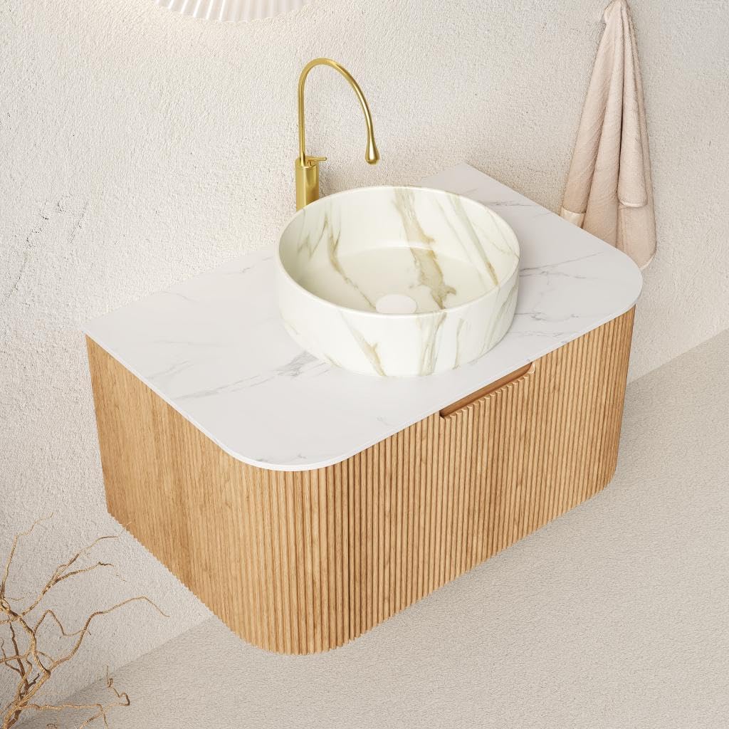 Floating Bathroom Vanity with Sink 30 Inch, Wall-Mounted Plywood Bathroom Vanity Cabinet with Drawer, Faux Marble Countertop & Marble Round Ceramic Basin, Pre-Assembled, Light Wood Grain