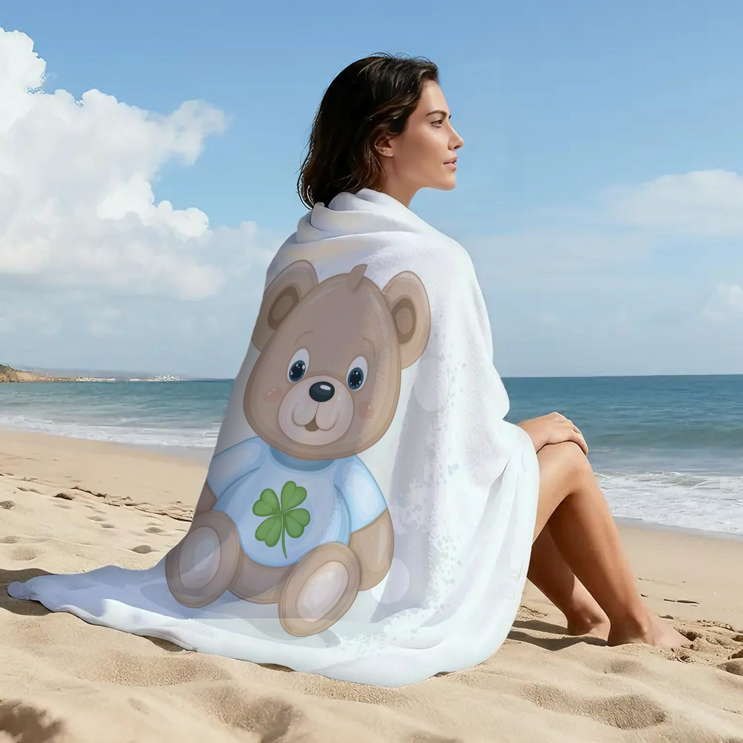 Generisch Ręcznik plażowy z kreskówki prosty - ręcznik kąpielowy, zabawny, świeży, spokojny, uroczy miś - szybkoschnący, ultralekki, bez piasku, ręcznik plażowy, miękki ręcznik z mikrofibry, 200 x 150