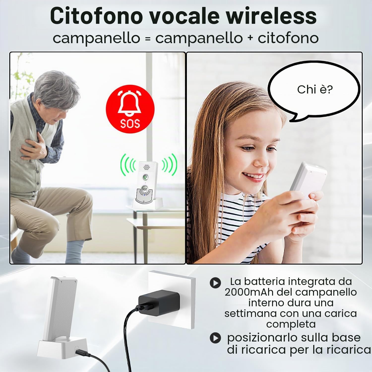 Citofono wireless a 2 vie per citofono vocale portatile a casa con batteria ricaricabile da 2000 mAh, sistema interfono a lungo raggio da 1000 m per la casa