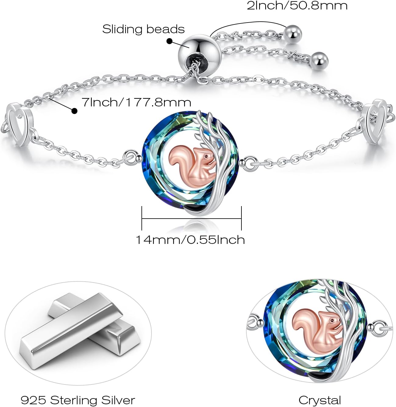 Squirrel Bracelet Women 925 Sterling Silver Tree of Life Squirrel Bracelet Adjustable With Crystal Animal Jewelry Gift for Women - Image 5