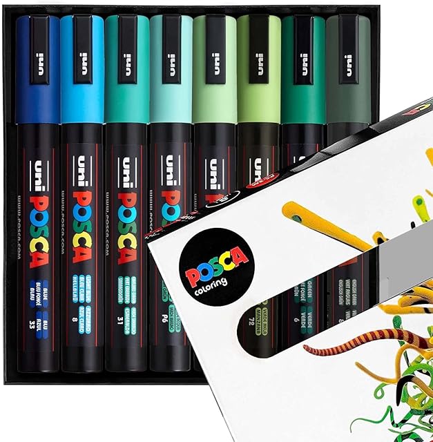 POSCA - PC-5M - Paint Marker Art Pens - 1.8-2.5mm - Blue Green Tones Set of 8 in Gift Box