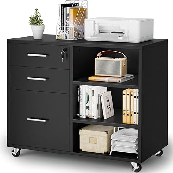 Shahoo 3 Drawer Mobile File Cabinet, Wood Lateral Printer Shelf with Adjustable Open Storage Shelf, Lockable Wheels for Home Office, Black