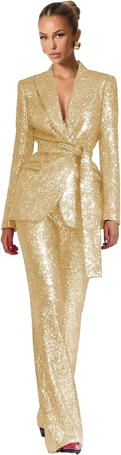 Sequin Suits for Women 2 Piece Womens Suit with Belt Glitter Sparkly V Neck Womens Tuxedo Suit Set for Party Prom - Image 6