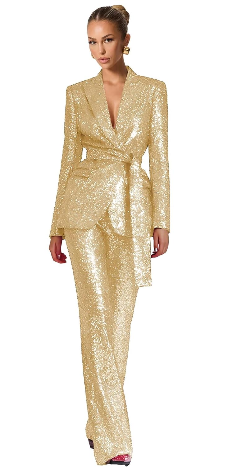 Womens Suits Sequin V Neck Blazer Pants Set 2 Piece Formal Suit with Belt for Wedding Guest Cocktail
