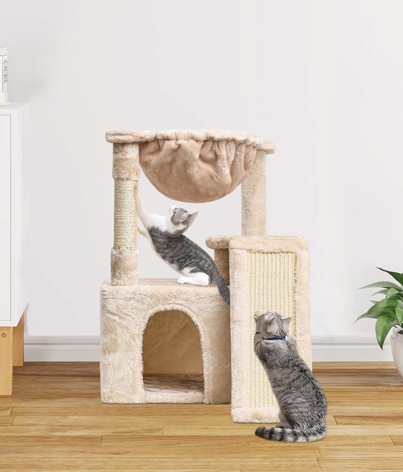 SYANDLVY Cat Tree for Indoor Cats Large Adults, Modern Activity Tower with Scratching Posts & Board, Condo with Plush Perch, Climbing Stand with Cradle & Hanging Ball for Play, Beige