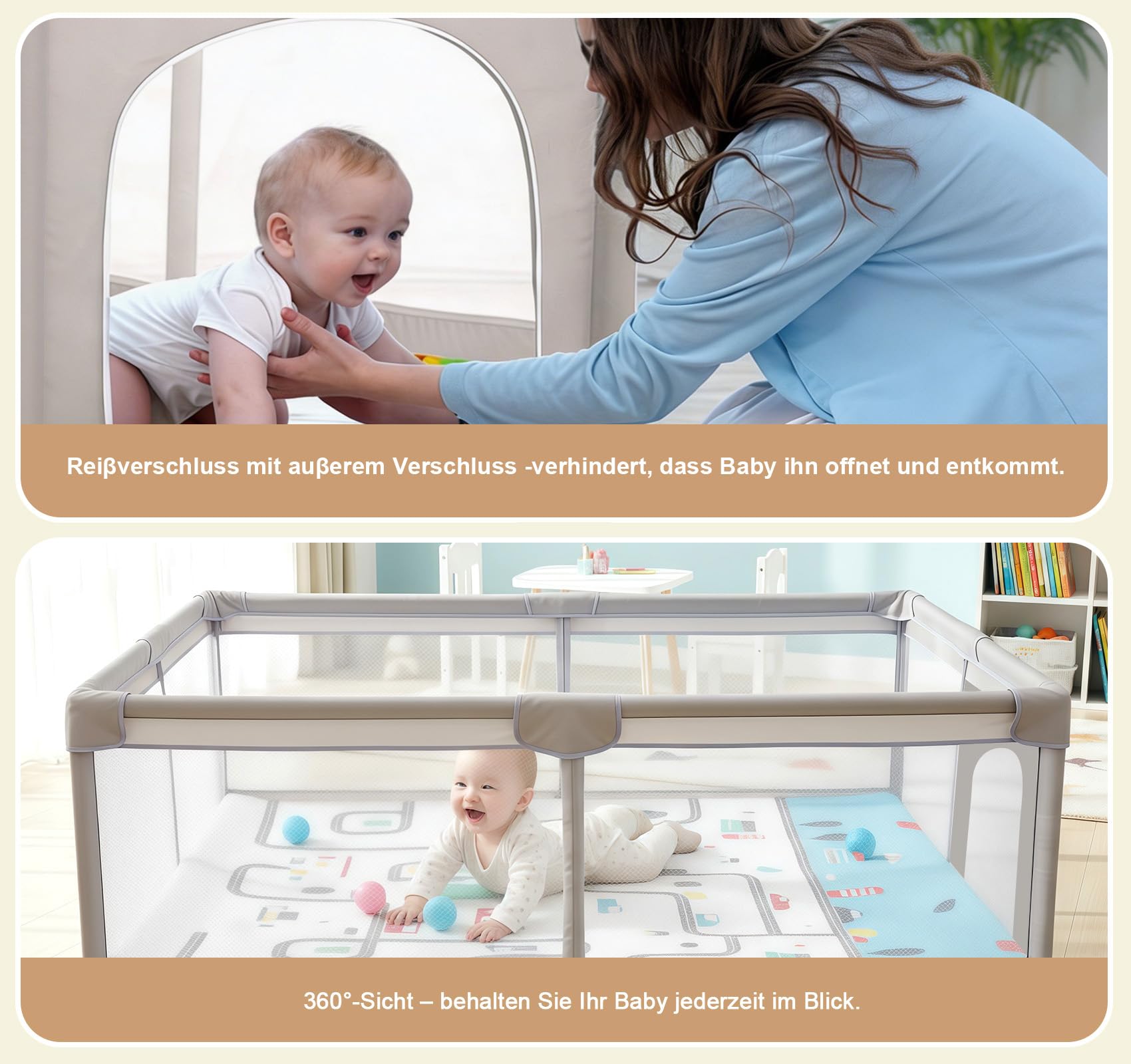 Laufstall Baby mit Matratze 120x180cm, Großes Laufgitter für 2-3 Kinder, Playpen Atmungsaktiver 600D Oxford-Stoff mit Rutschfesten Saugnapf-Füßen, für Einfamilienhaus Große Familienwohnung