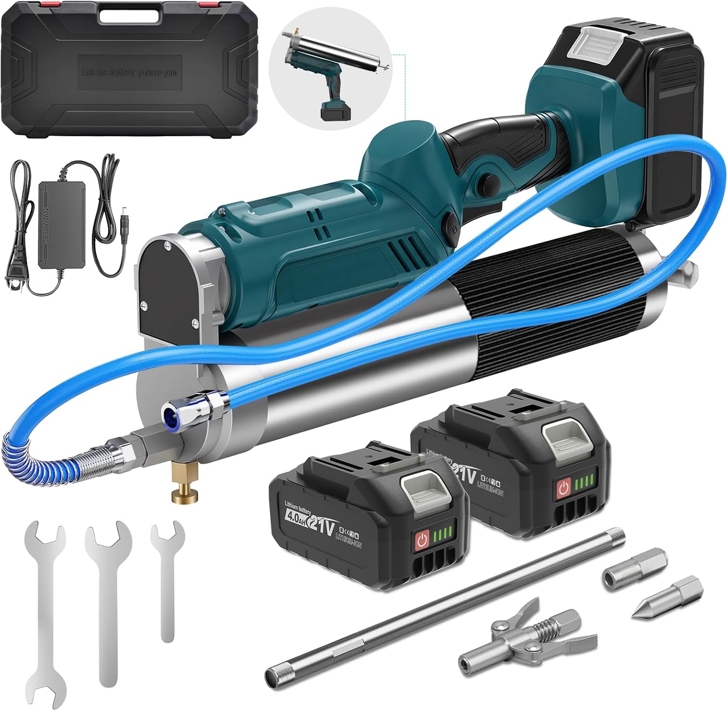 Electric Grease Gun Kit, Cordless Grease Gun with 2 * 4.0Ah Batteries, 90° Swivel Coupler 12000 PSI 5.7 Oz/Min Battery Powered Grease Gun for Truck & Workshop & Heavy Machinery Maintenance