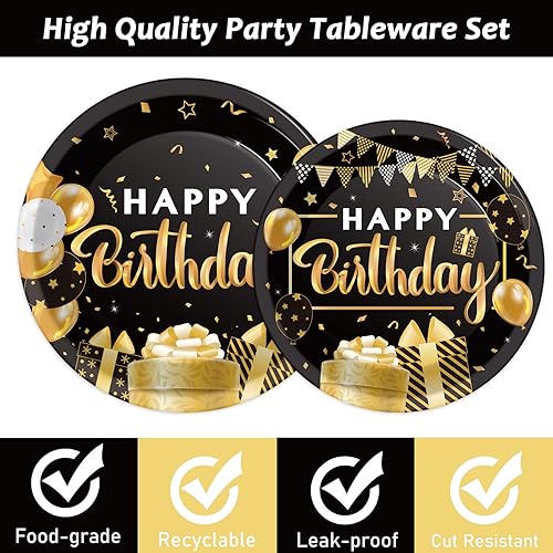 Miniatura 4 de Juego de vajilla para fiesta de cumpleaños de 96 piezas, color negro y dorado, platos y servilletas de fiesta negros, suministros de papel