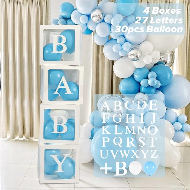 61Pcs Baby Shower Decorations Boxes for Boys&girls, 30 Party Balloons (blue&white), 4 Transparent Balloon Boxes with 27 letters, Include BABY+A-Z, Baby Blocks for Baby Shower, Birthday Decorations