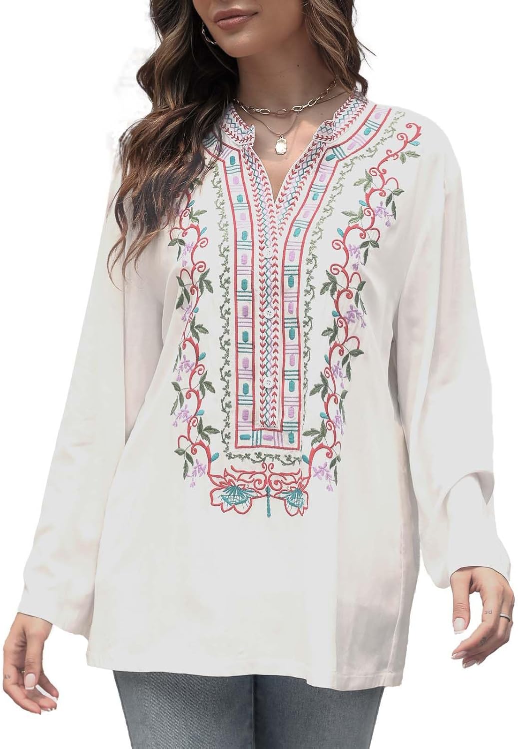 LauraKlein Women's Mexican Embroidered Tops for Women V Neck 3/4 Sleeve Shirts Peasant Casual Loose Summer Tunics Blouse - Image 2