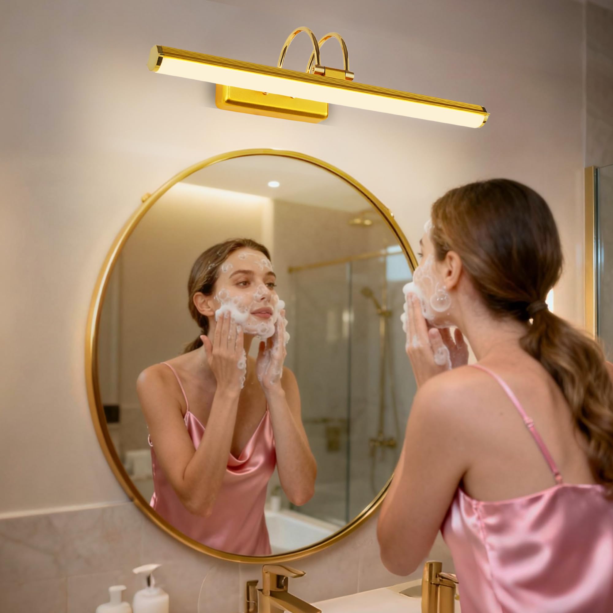 Lampada a Specchio da Bagno 42 cm LED Oro, Lampada da Parete Orientabile 12W IP44 Impermeabile, Moderna per Cucina Armadio