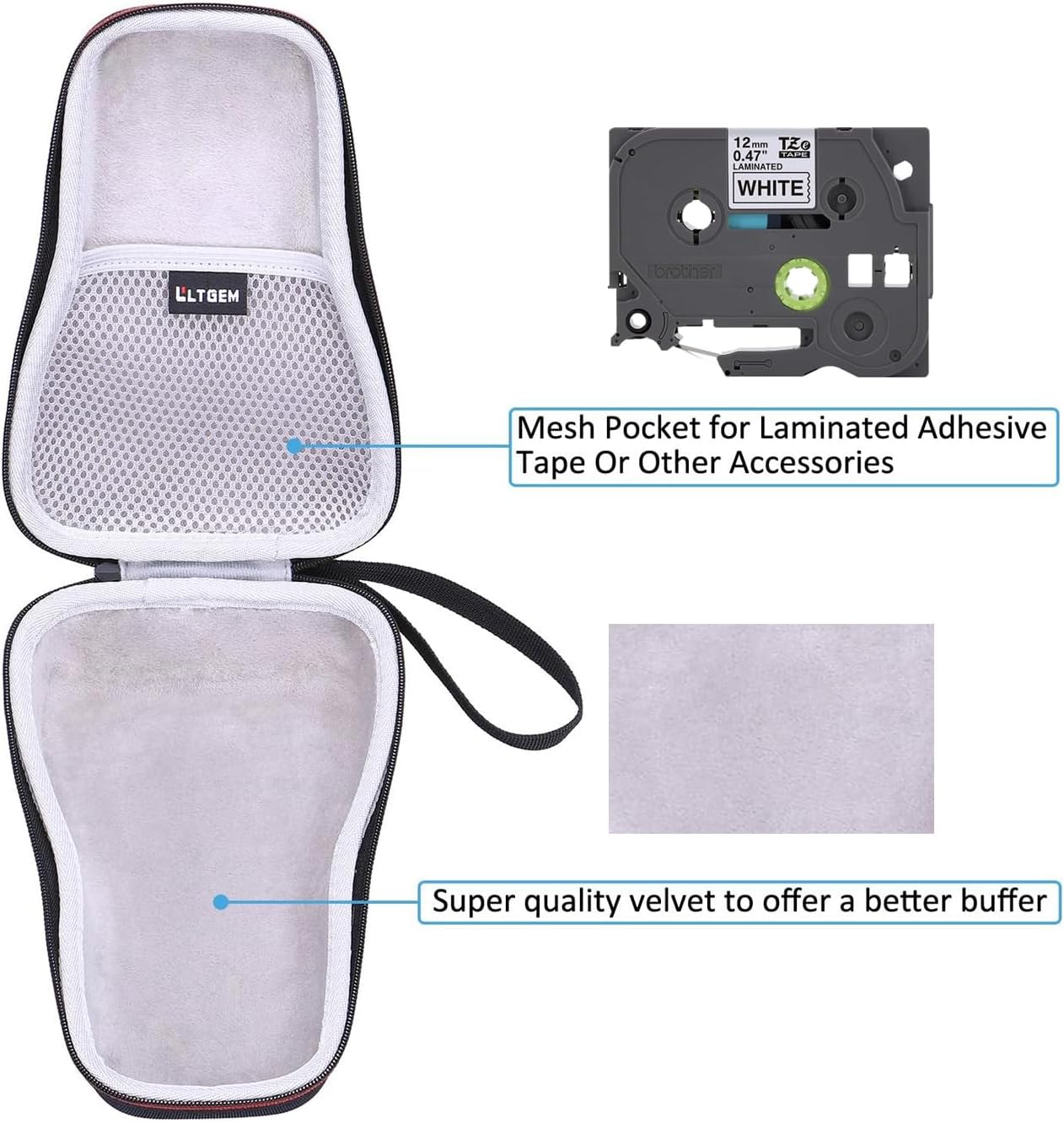 LTGEM Case Compatible with Brother P-Touch PTH110/PTH110BP/Genuine P-Touch PTH111 Pro/PTE110/PT-H100 Label Maker, Office Travel Carrying Storage Bag - Black+Gray(Case Only)