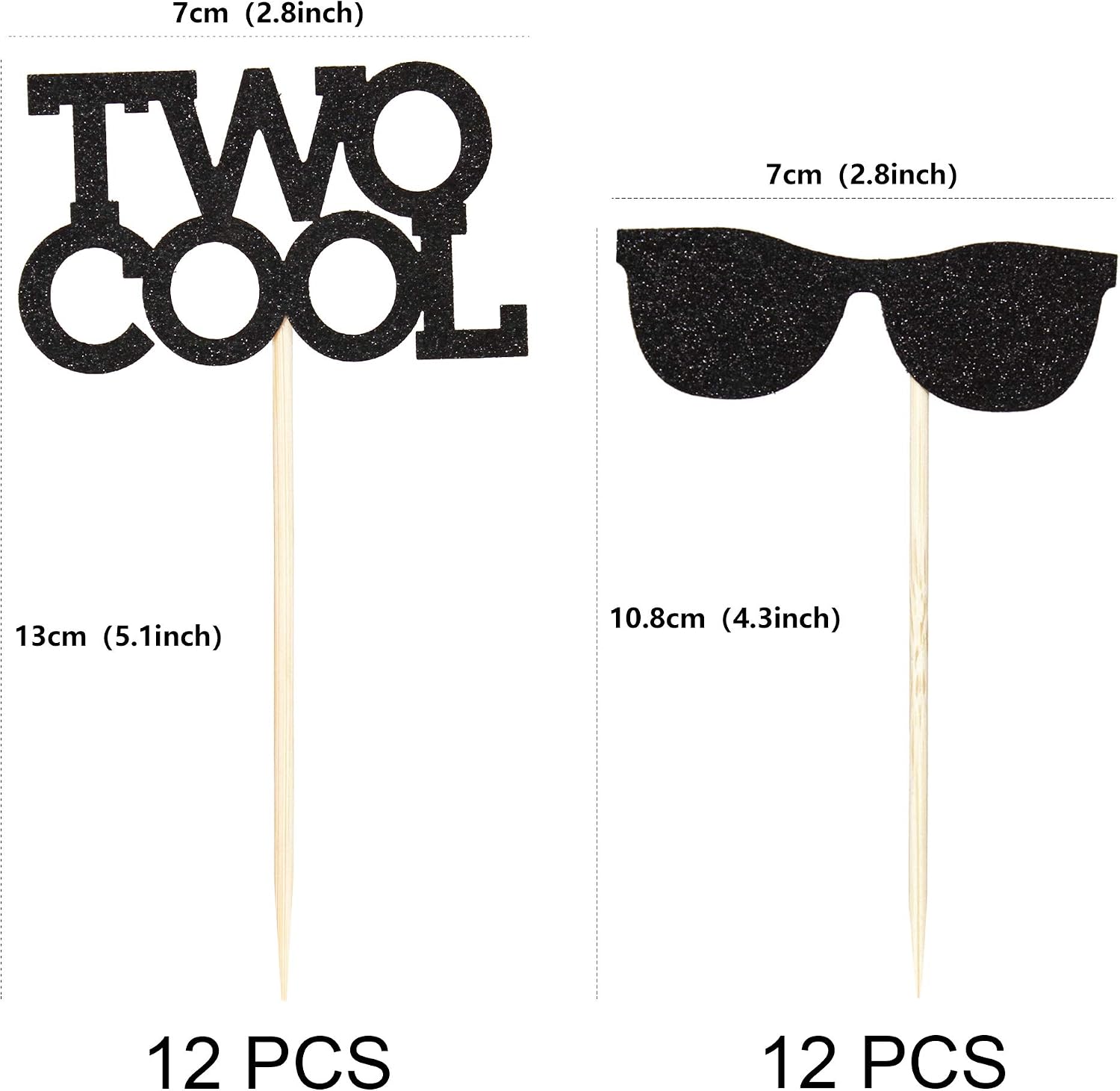 Ercadio 24 Pack Two Cool Glasses Cupcake Toppers Black Glitter 2nd Birthday Cupcake Picks Baby Shower Kids Second Birthday Party Cake Decorations