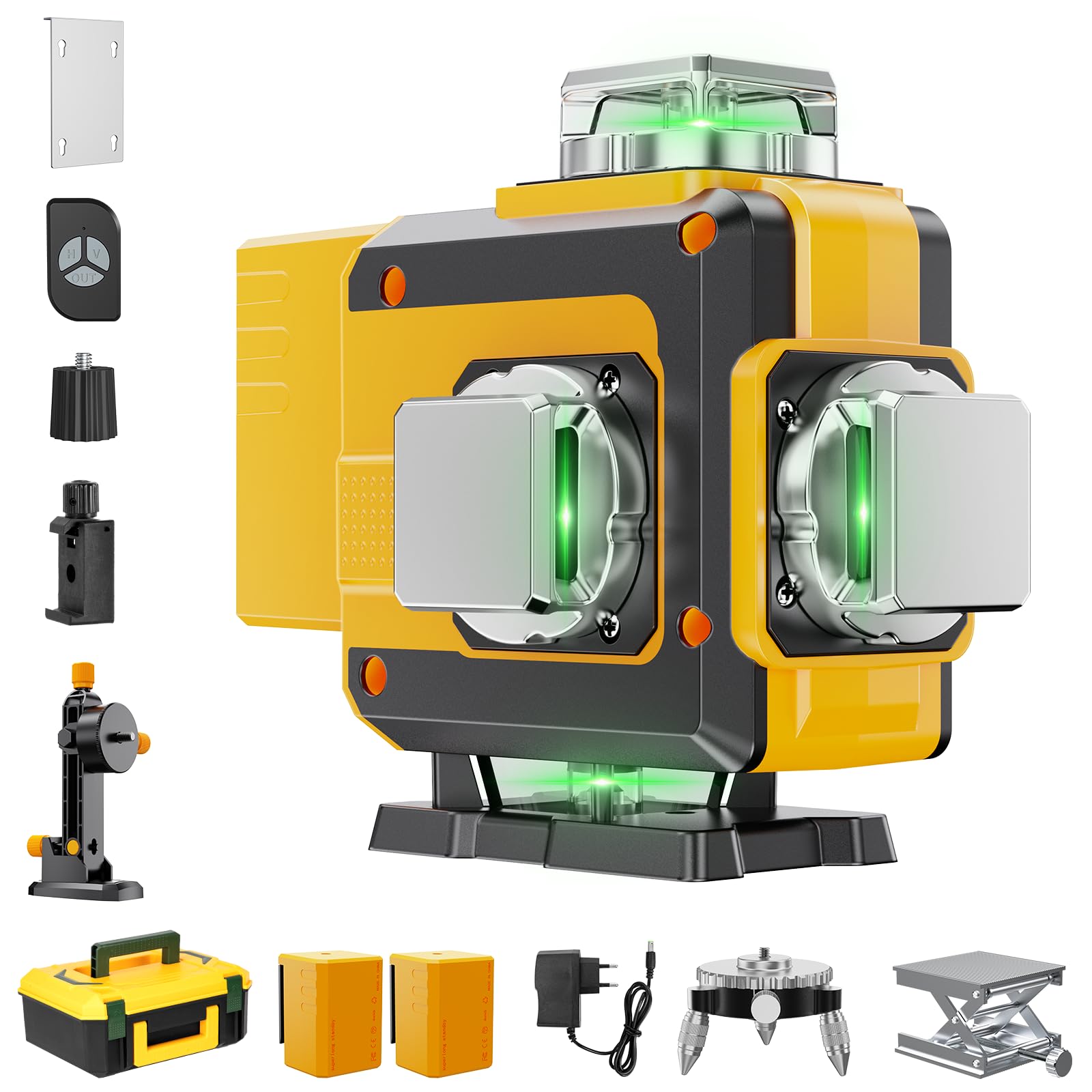 Nivel Laser Autonivelante 4 x 360 °, Verde 16 Líneas, 2 x 360 Horizontal y 2 x 360 Verticales, 2 x Batería, Montaje en Pared, Control Remoto, Base Magnética, Soporte Giratorio (S) (M) (X)