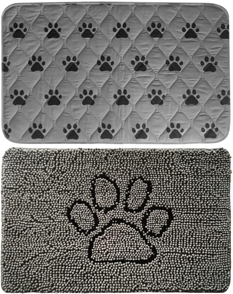 Gorilla Grip Puppy Pads and Chenille Doormat, Cloth Pee Pad, Size 16x22 Waterproof, Door Mat Size 24x17 Rubber Backing Both in Gray, 2 Item Bundle