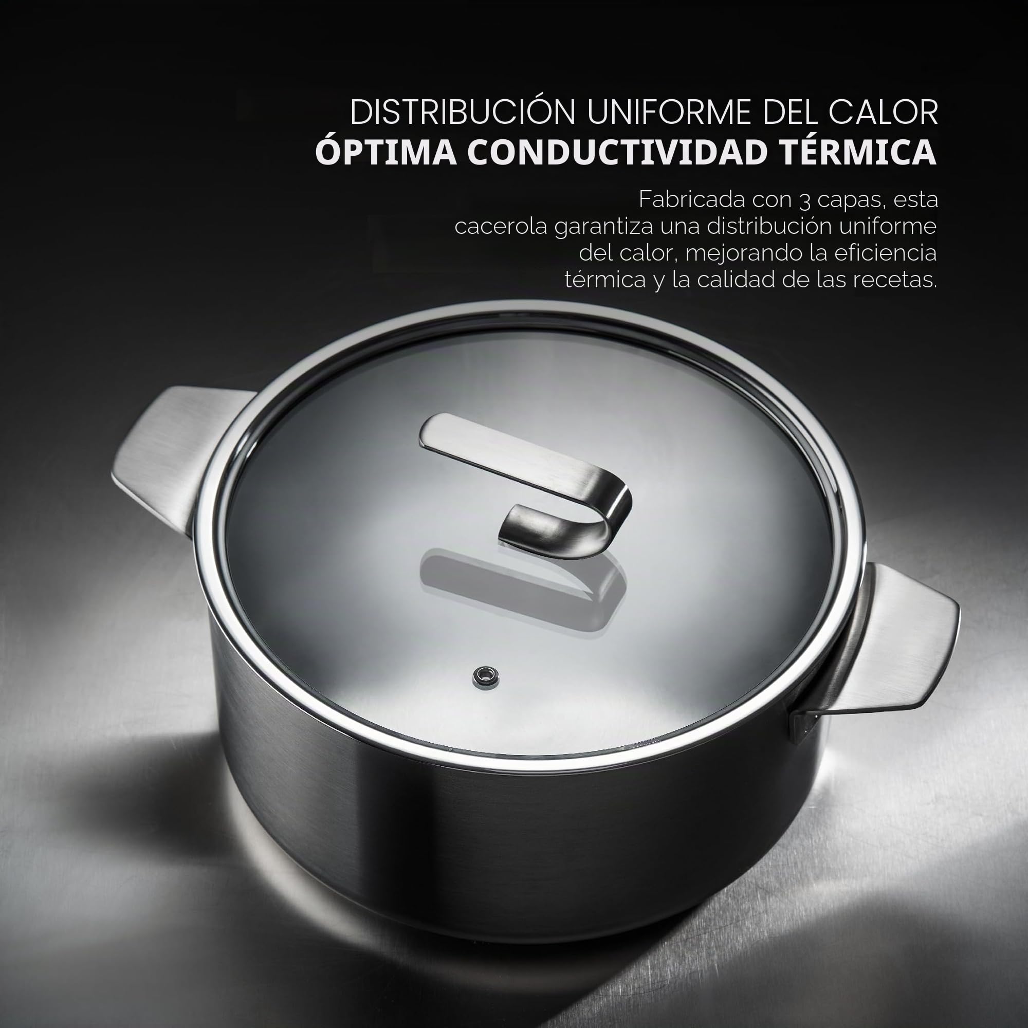 MasterPro SIGMA - Cacerola Grande con Tapa 9.2L 28x15 cm Acero Inoxidable - Multi-capa - Mango Duradero - Medidor Interno - Adecuada para Diversas Fuentes de Calor