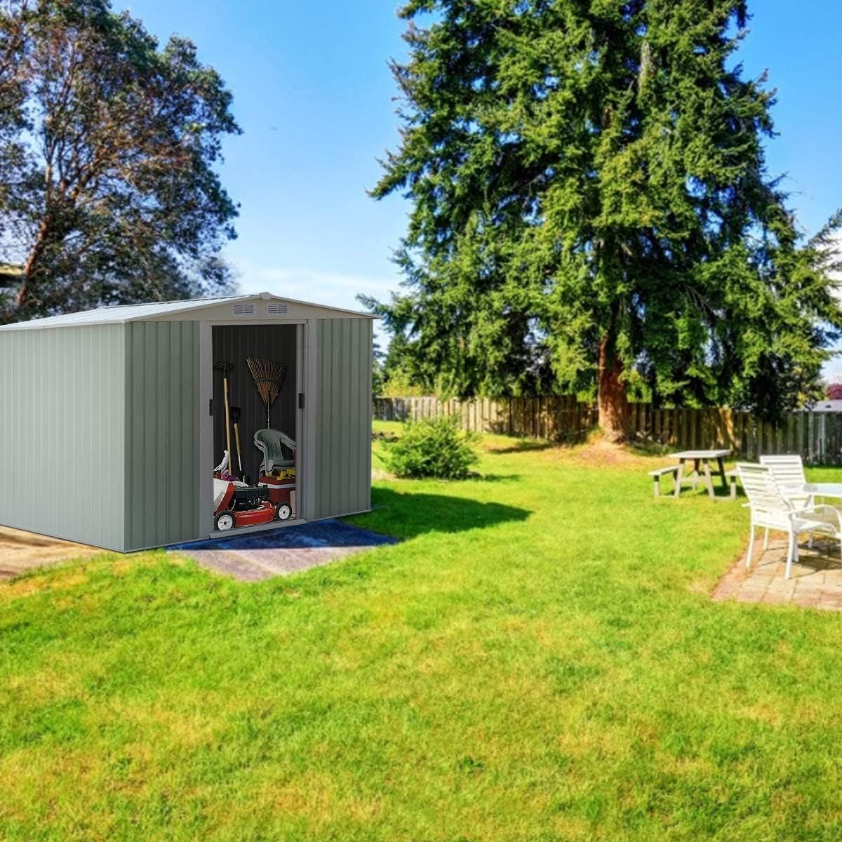 RELAX4LIFE Casetta da Giardino 5.26 m² 9.246 m³, 257x205x175,5 cm, in Lamiera d'Acciaio con 2 Porte Scorrevoli e 4 Sfoghi, Tetto Inclinato, per Porta Attrezzi, Tosaerba