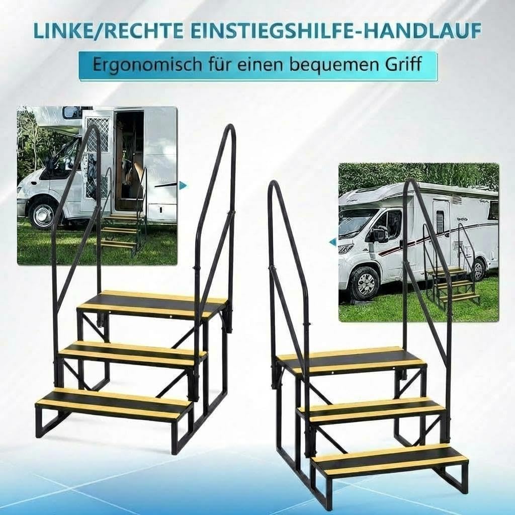 Garvee 3-stufige Wohnmobil-Treppe mit doppelseitigem Handlauf – rutschfeste Metallstufen, stabil und tragbar – Außentreppe für Wohnwagen, Camper, Pools – Belastbar, Schwarz-Gelb – 3 Stufen, doppelte