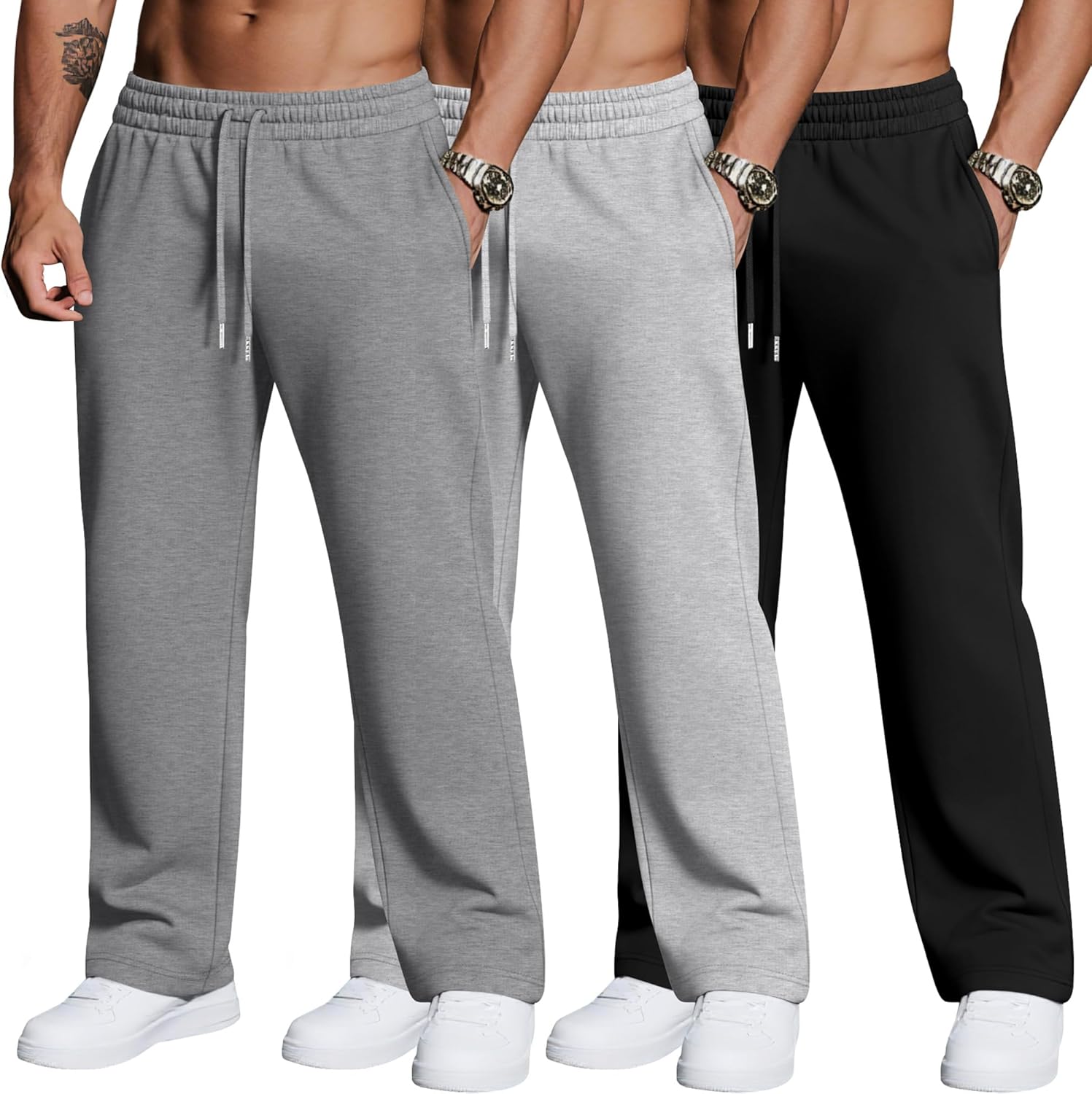 3 Pack Men's Big and Tall Sweatpants Athletic Workout Lounge Pants Plus Size Drawstring Joggers with 3 Pockets