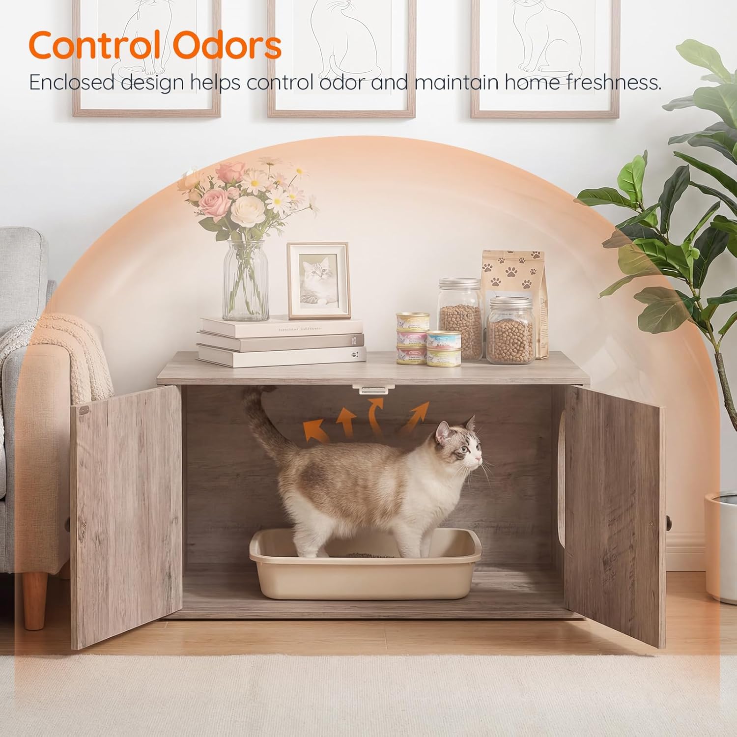 HOOBRO Cat Litter Box Enclosure, Hidden Litter Box Furniture with Side Entry, Litter Box Cabinet, Indoor Cat House, End Side Table, 31.5"L x 17.7"W x 16.3"H, for Living Room, Bathroom, Greige BG40MW01