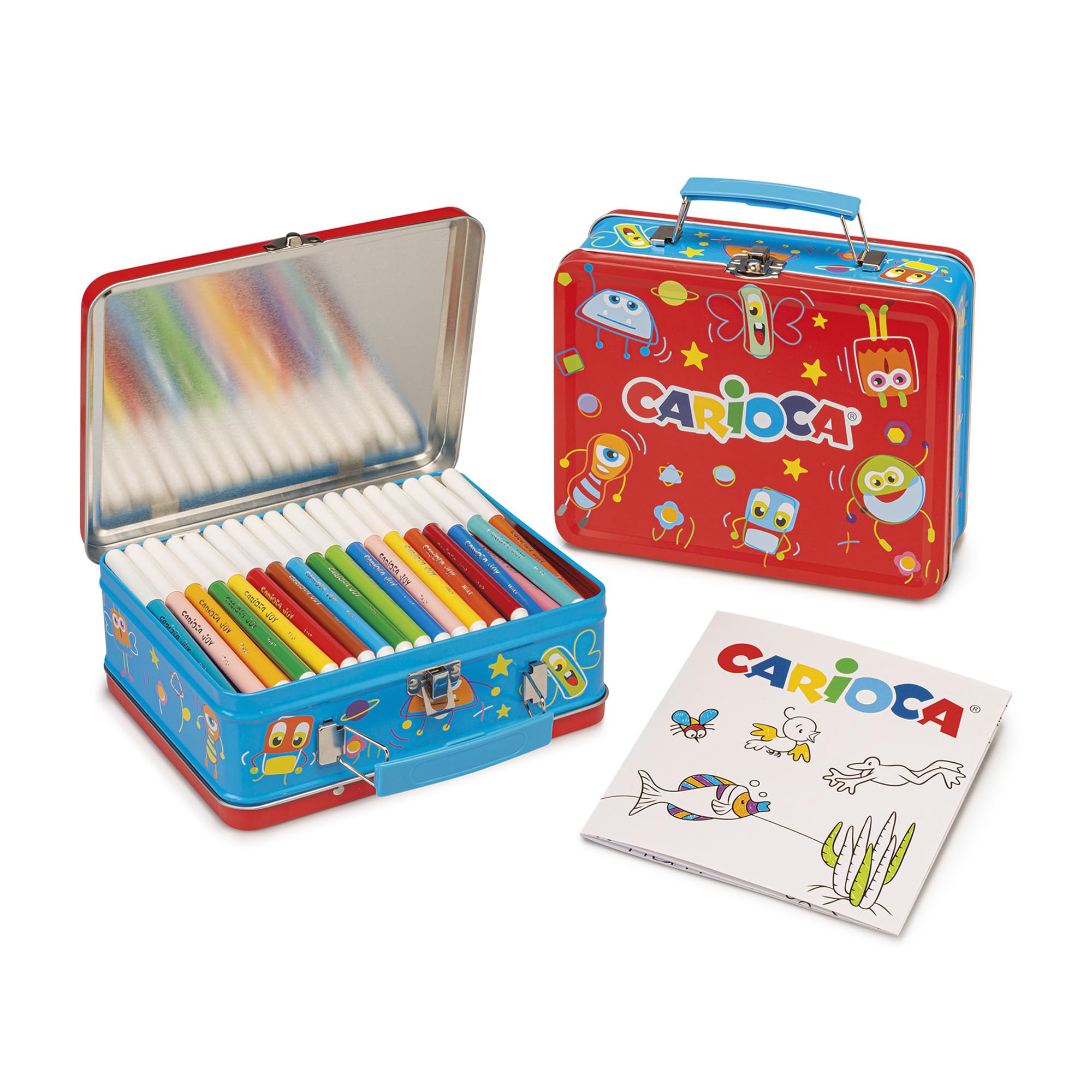 CARIOCA Set Creativo 100 Pennarelli Punta Fine Lavabili con Album da Colorare A4 e Astuccio Metallo Blu, per Bambini e Regalo