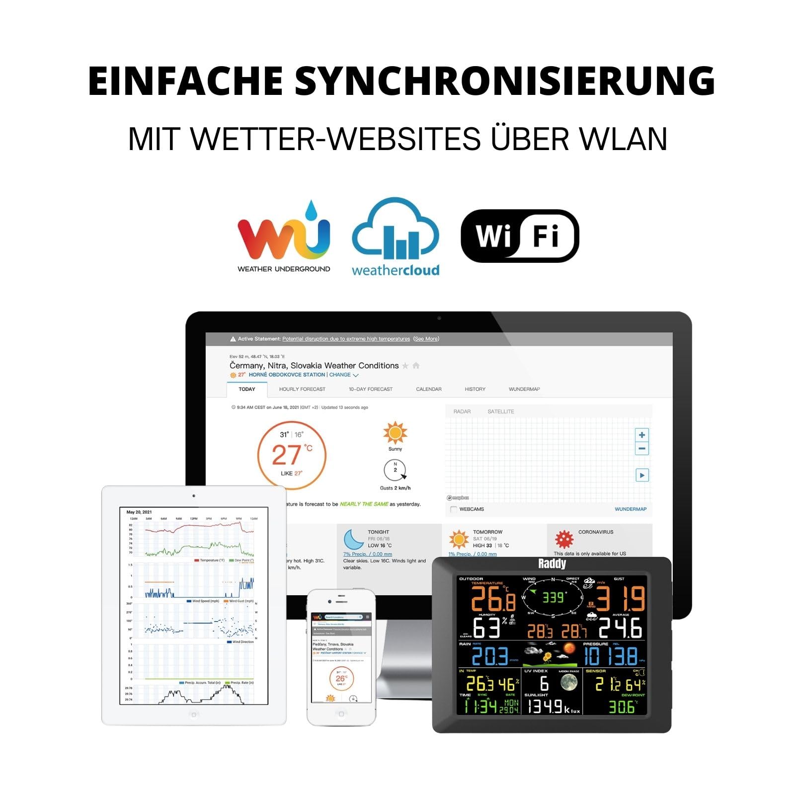 Raddy WF-100C Wetterstation mit Außensensor Funk, 14-IN-1 digitales Wlan Innen-Außenthermometer mit Regenmesser, Luftfeuchtigkeit, Windmesser für Zuhause, Büro & Schlafzimmer in Geschenkbox