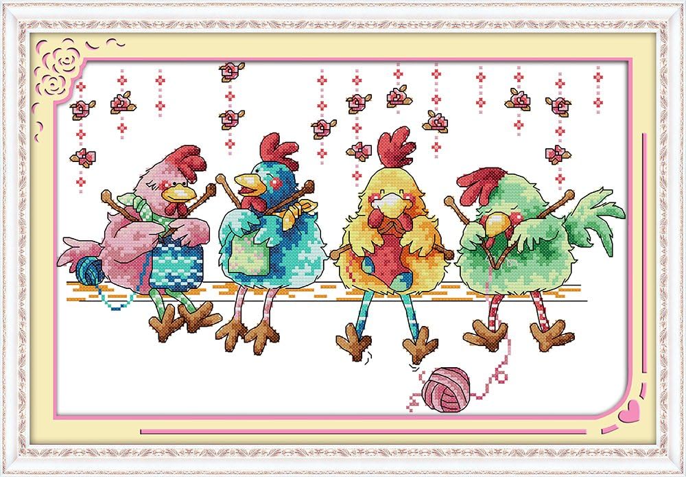 MaydearCross Stitch Stamped Kits Full Range of Embroidery Starter Kits Beginners for DIY 11CT 3 Strands - The Chicken Knitting a Sweater 20.5×13.8(inch)