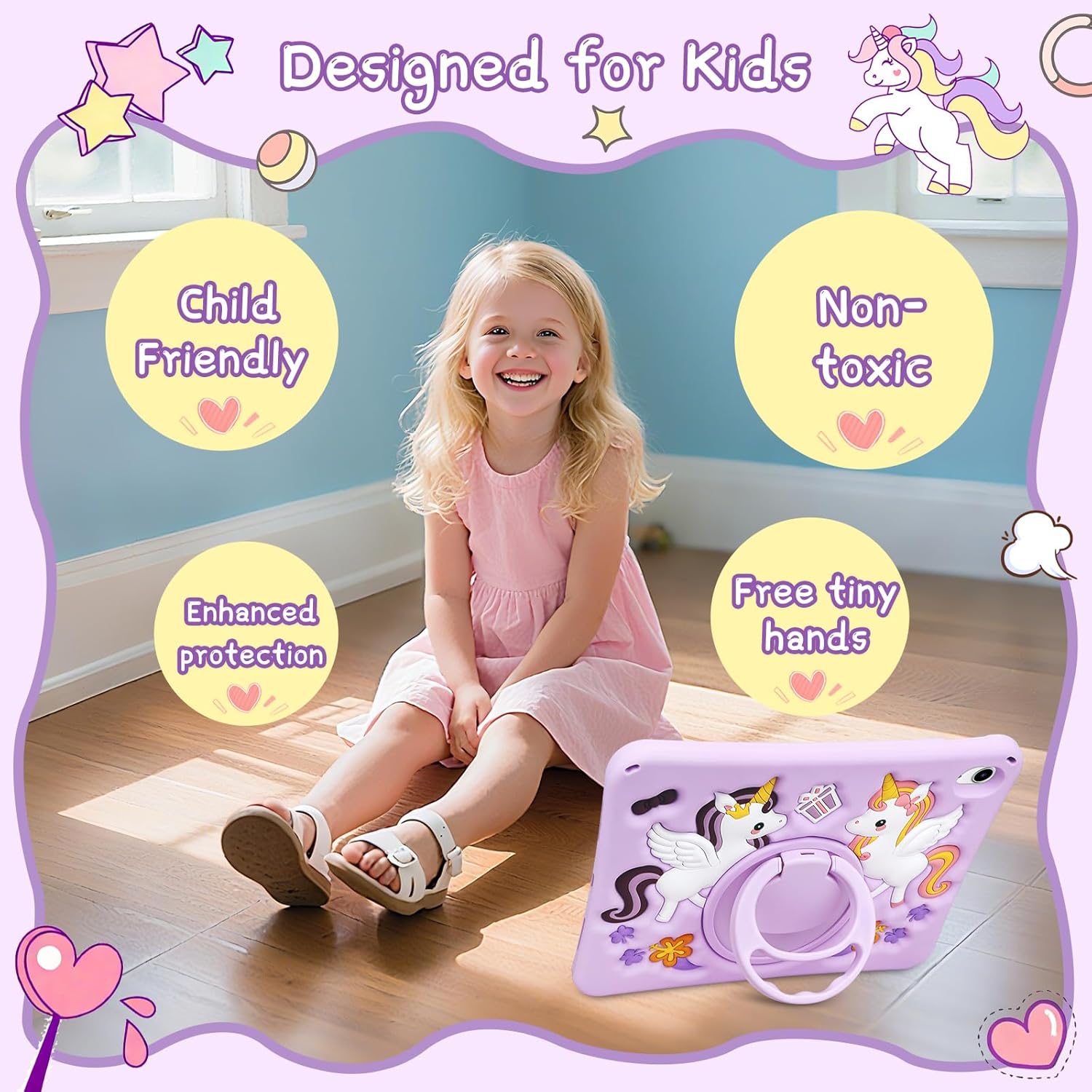 Coolden for iPad A16 Case 11th Generation 11 inch 2025 / iPad 10th Generation Case 10.9 inch 2022 Cute Unicorn Soft Protective Tablet Cover with 360°Rotate Stand & Shoulder Strap for Kids Girls-Purple